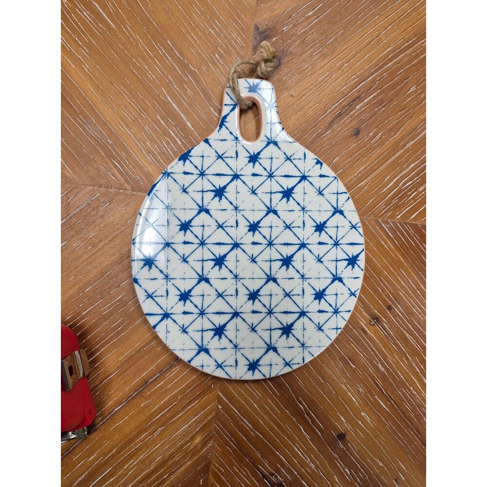 Blue & White Ceramic Round Serving Tray With Star Pattern & Rope Handle 10 in  X